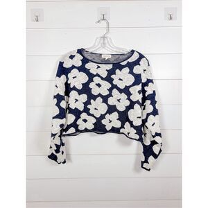 Promesa Women's Flower Box Floral Cropped Knit Pullover Sweater Blue White Small